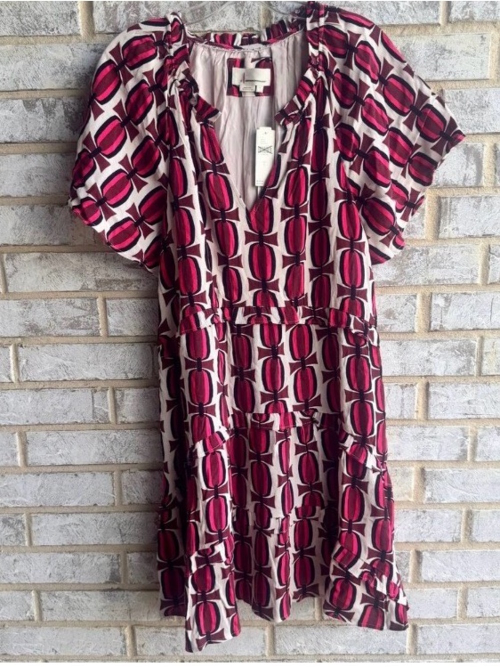 Anthropologie Cream and pink Geometric Tiered Midi Dress